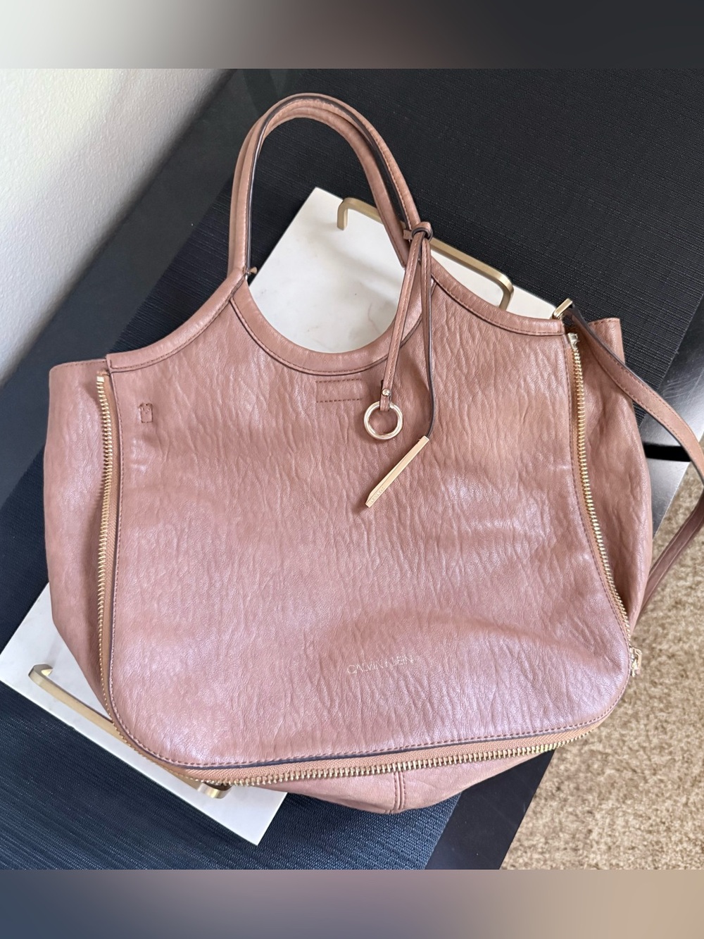 Calvin Klein Gabrianna Slim Side Zip Expandable Tote – Camel /Tan